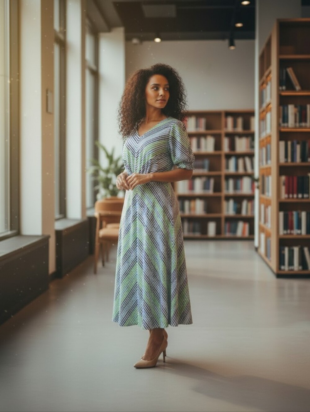 Ralph Lauren Striped V-Neck Maxi Dress in Green and Blue